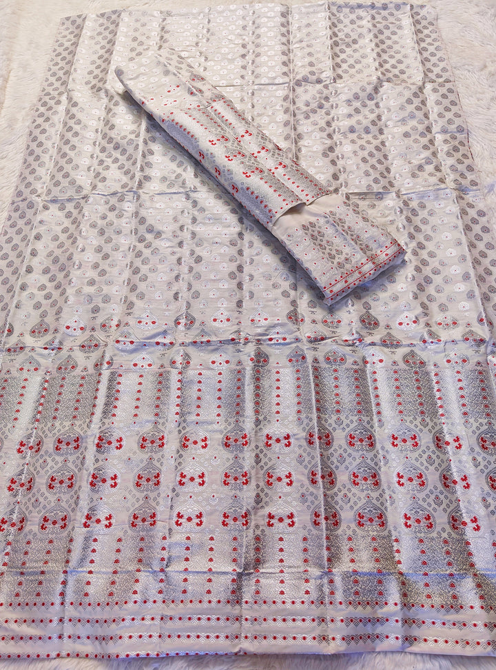 White Mix Set Mekhela Sador - Red Mina