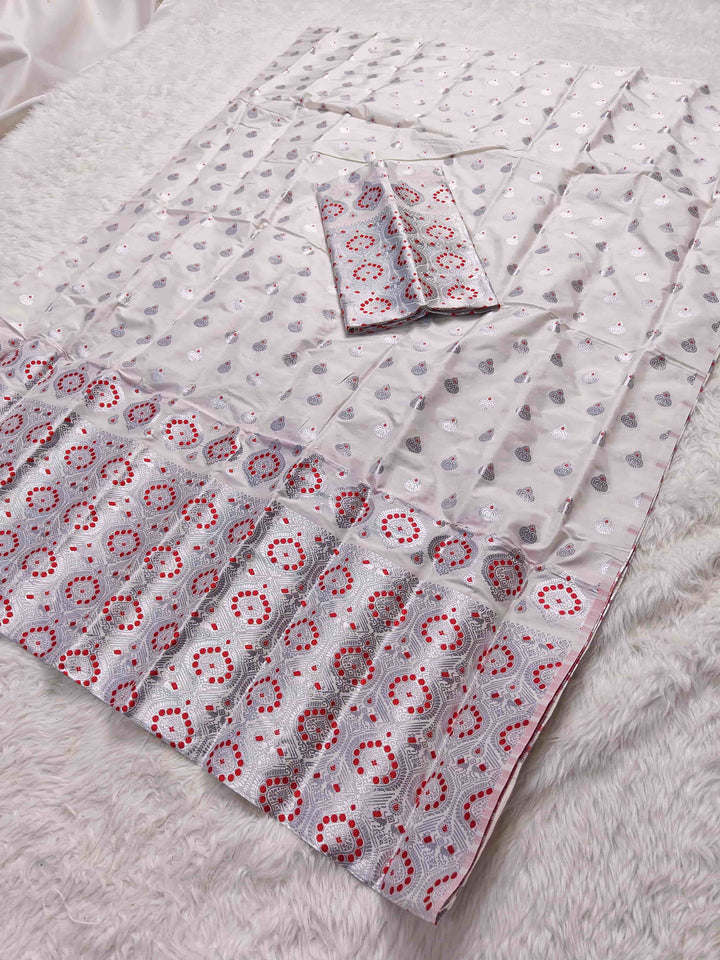White Mix Set Mekhela Sador - Red Mina
