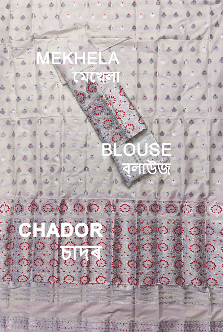 White Mix Set Mekhela Sador - Red Mina