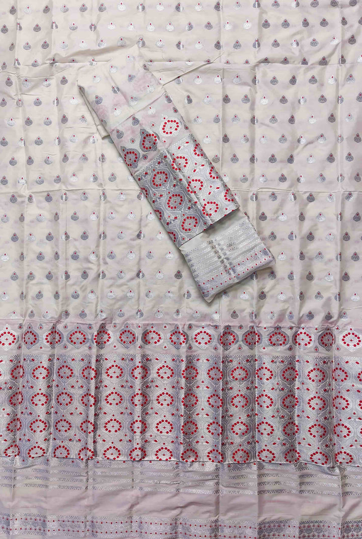 White Mix Set Mekhela Sador - Red Mina