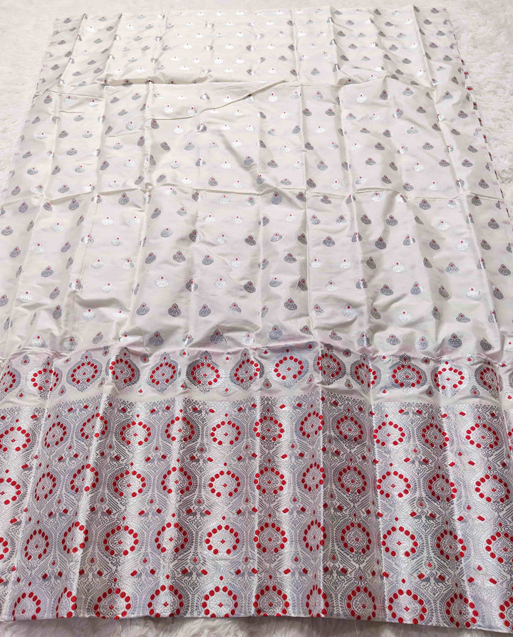 White Mix Set Mekhela Sador - Red Mina