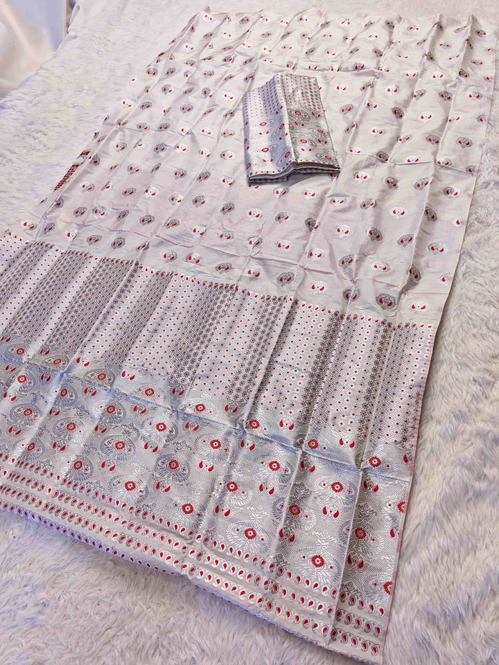 White Mix Set Mekhela Sador - Red Mina