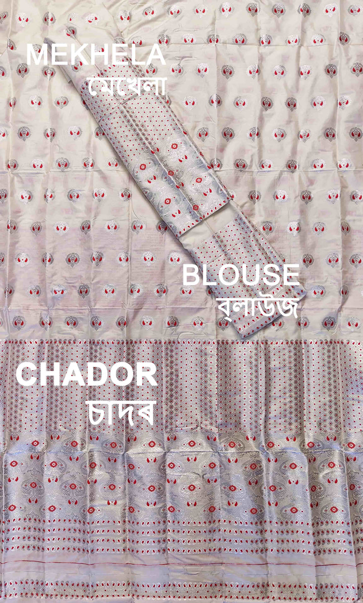 White Mix Set Mekhela Sador - Red Mina