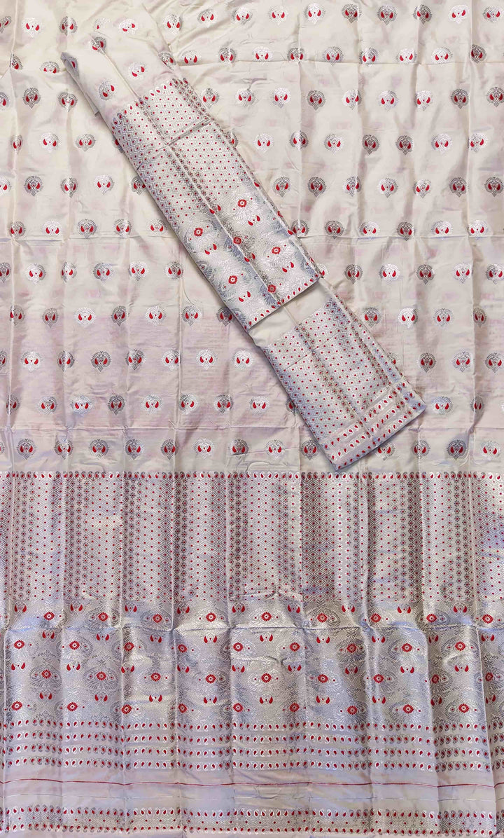White Mix Set Mekhela Sador - Red Mina