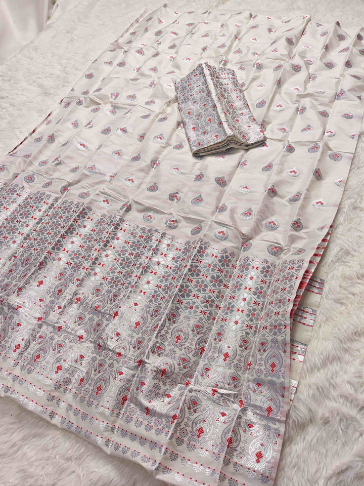 White Mix Set Mekhela Sador - Red Mina