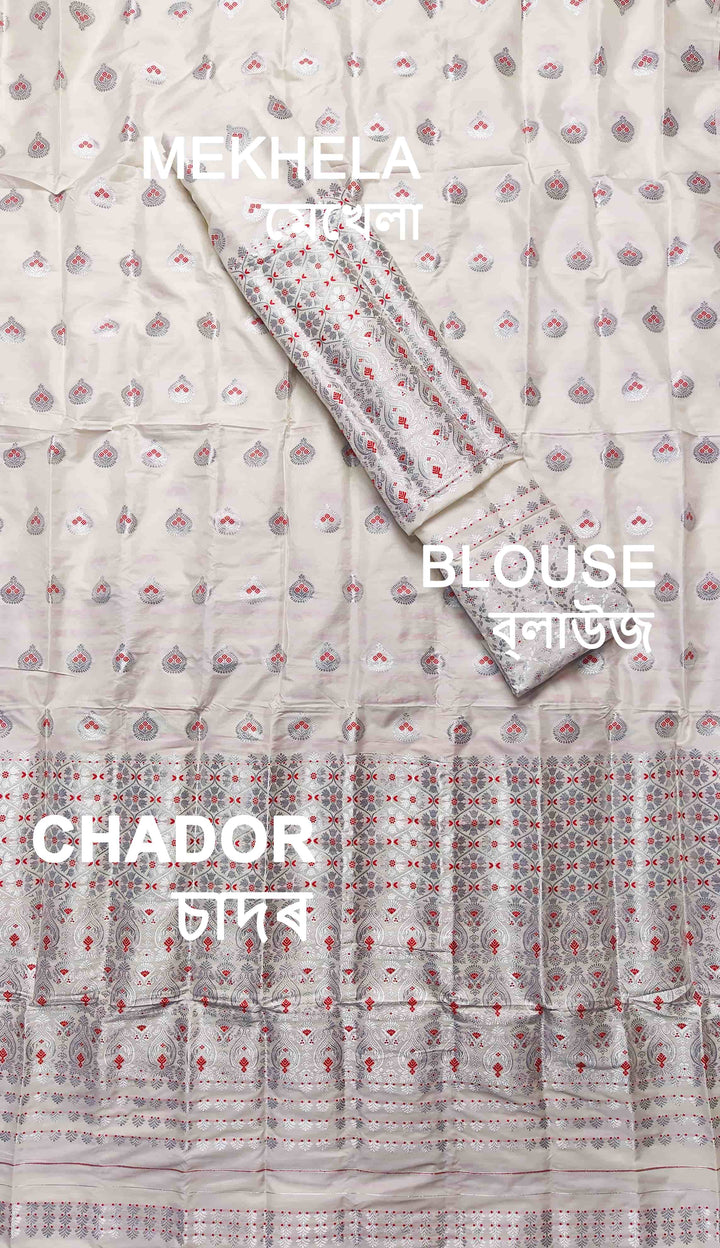 White Mix Set Mekhela Sador - Red Mina