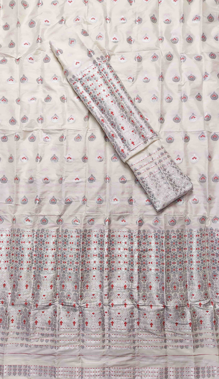 White Mix Set Mekhela Sador - Red Mina