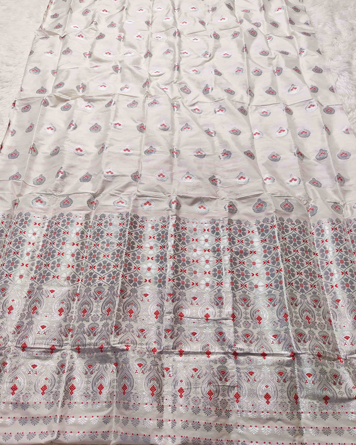 White Mix Set Mekhela Sador - Red Mina