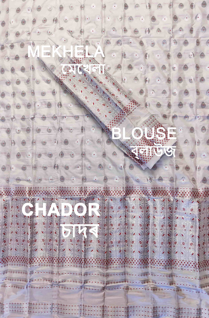 White Mix Set Mekhela Sador - Red Mina