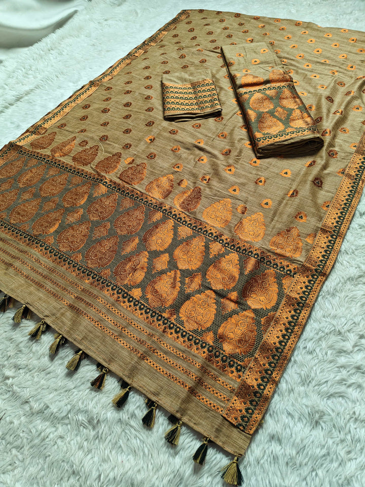 Ready-To-Wear Copper Guna Dhaga Work Baswada Cotton* Mekhela Sador