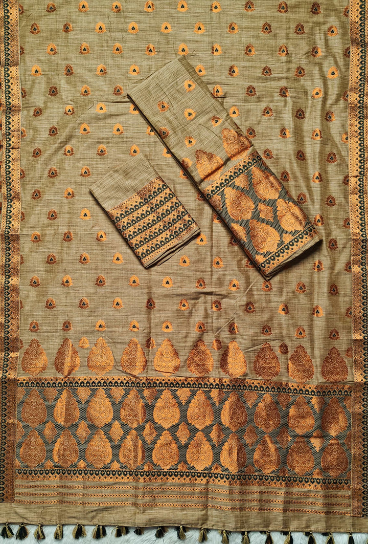 Ready-To-Wear Copper Guna Dhaga Work Baswada Cotton* Mekhela Sador
