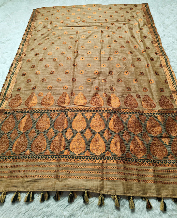 Ready-To-Wear Copper Guna Dhaga Work Baswada Cotton* Mekhela Sador