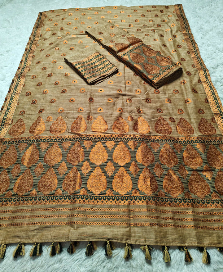 Ready-To-Wear Copper Guna Dhaga Work Baswada Cotton* Mekhela Sador