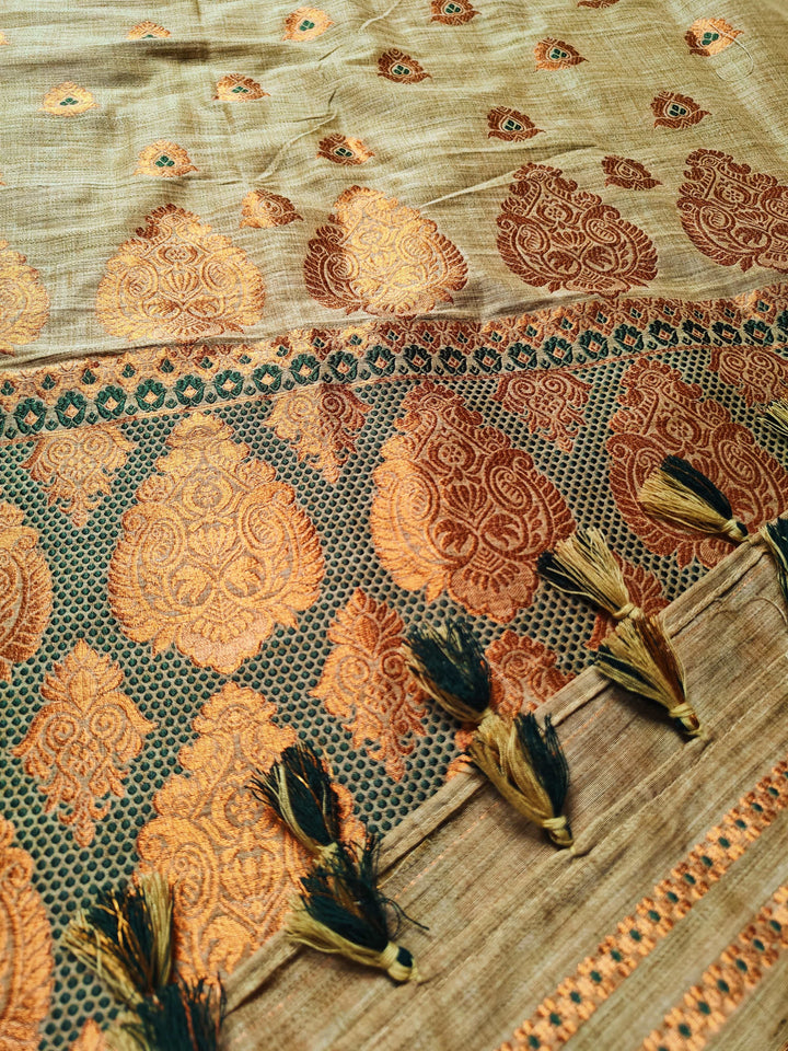 Ready-To-Wear Copper Guna Dhaga Work Baswada Cotton* Mekhela Sador