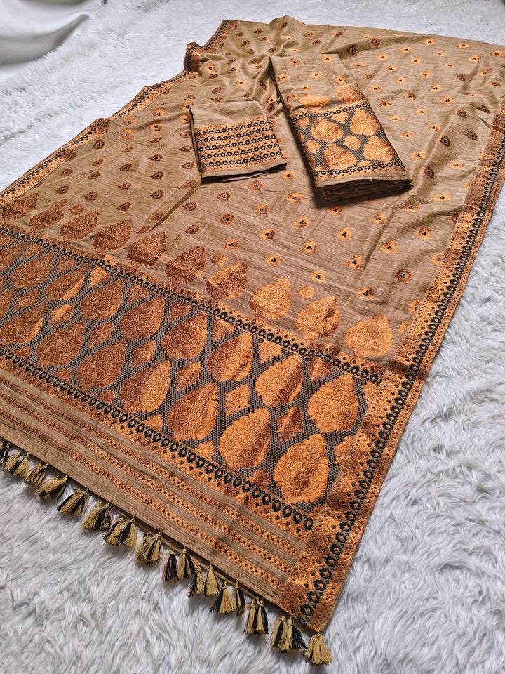 Ready-To-Wear Copper Guna Dhaga Work Baswada Cotton* Mekhela Sador