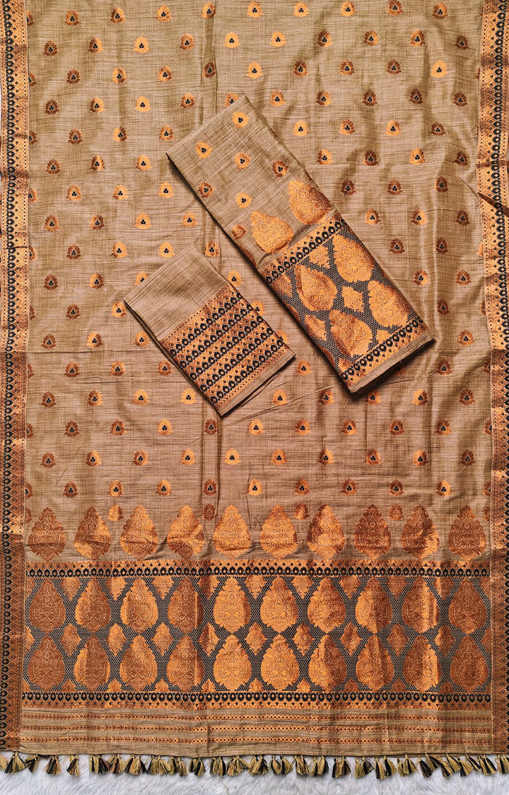 Ready-To-Wear Copper Guna  Dhaga Work Baswada Cotton* Mekhela Sador