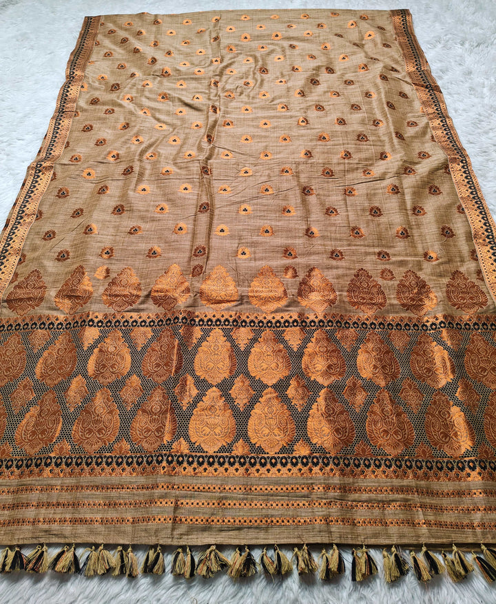 Ready-To-Wear Copper Guna Dhaga Work Baswada Cotton* Mekhela Sador