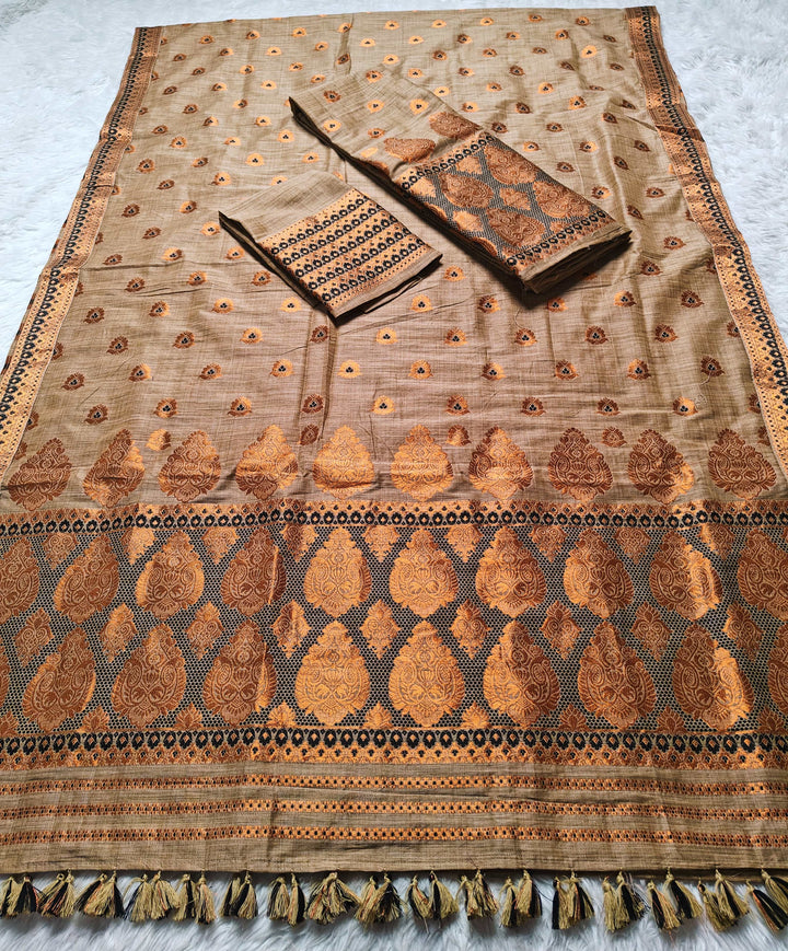 Ready-To-Wear Copper Guna Dhaga Work Baswada Cotton* Mekhela Sador