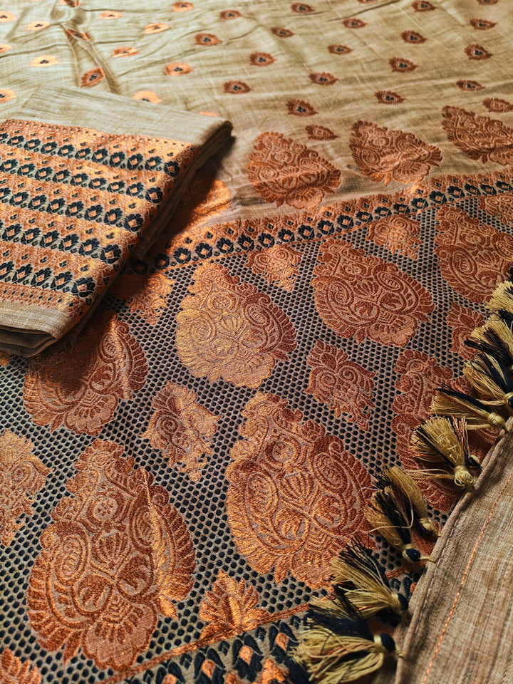 Ready-To-Wear Copper Guna Dhaga Work Baswada Cotton* Mekhela Sador