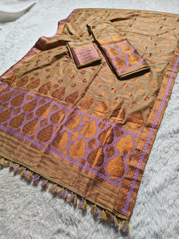 Ready-To-Wear Copper Guna  Dhaga Work Baswada Cotton* Mekhela Sador