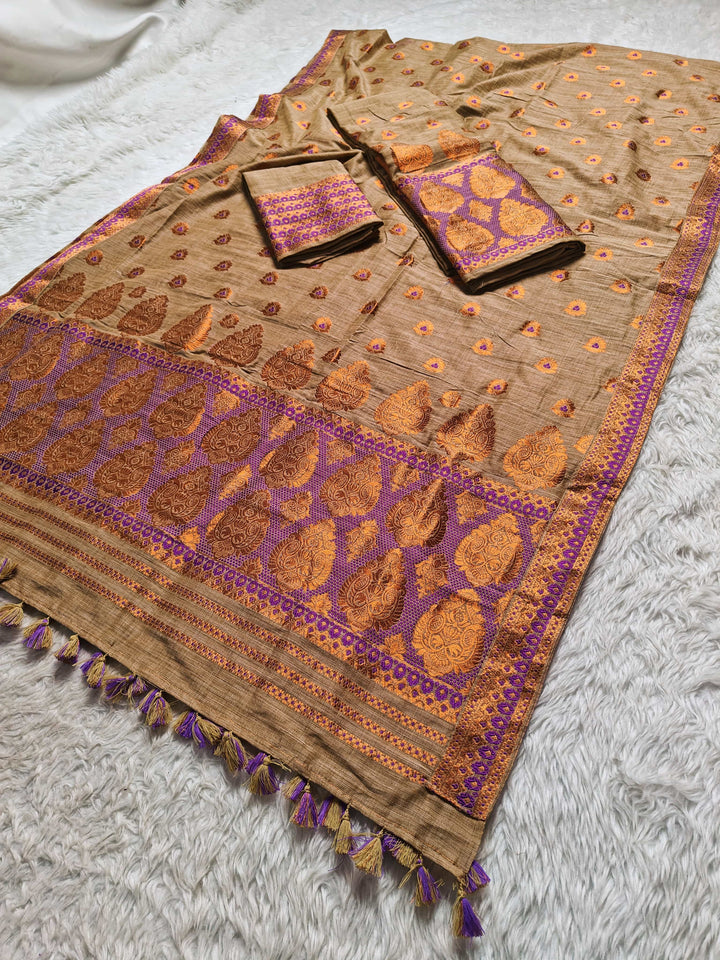 Ready-To-Wear Copper Guna Dhaga Work Baswada Cotton* Mekhela Sador