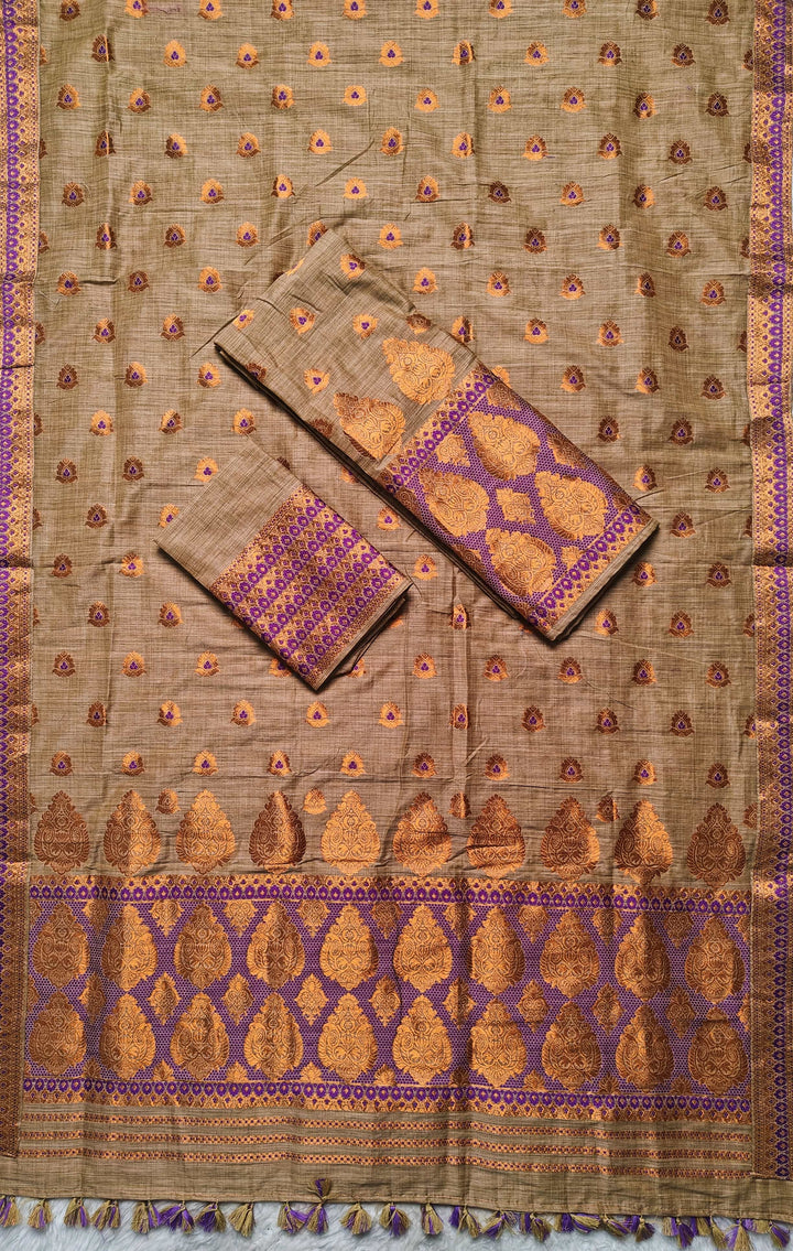 Ready-To-Wear Copper Guna Dhaga Work Baswada Cotton* Mekhela Sador
