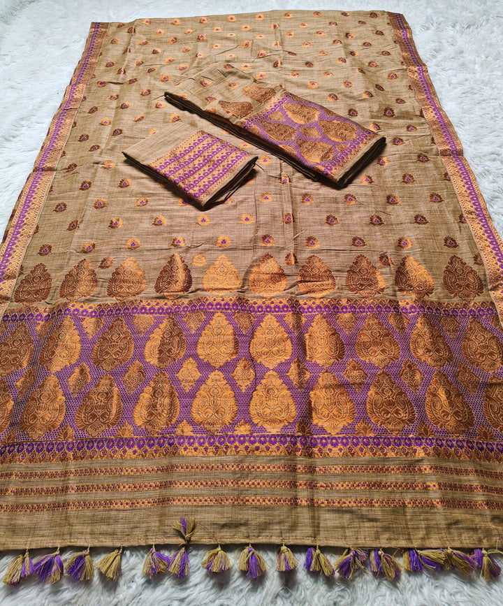 Ready-To-Wear Copper Guna Dhaga Work Baswada Cotton* Mekhela Sador