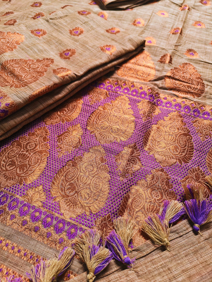 Ready-To-Wear Copper Guna Dhaga Work Baswada Cotton* Mekhela Sador