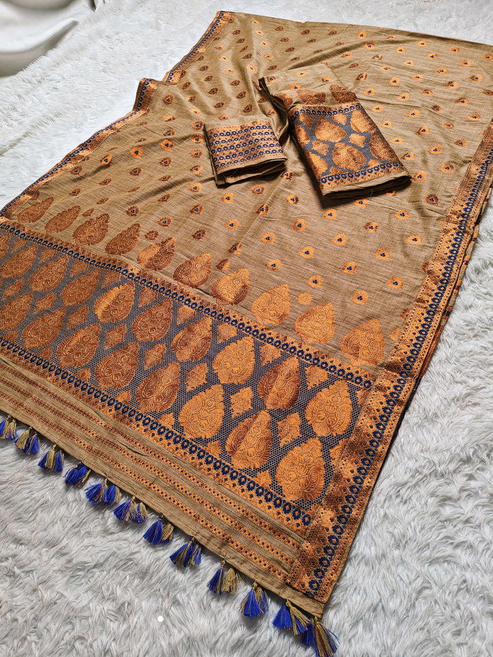 Ready-To-Wear Copper Guna Dhaga Work Baswada Cotton* Mekhela Sador