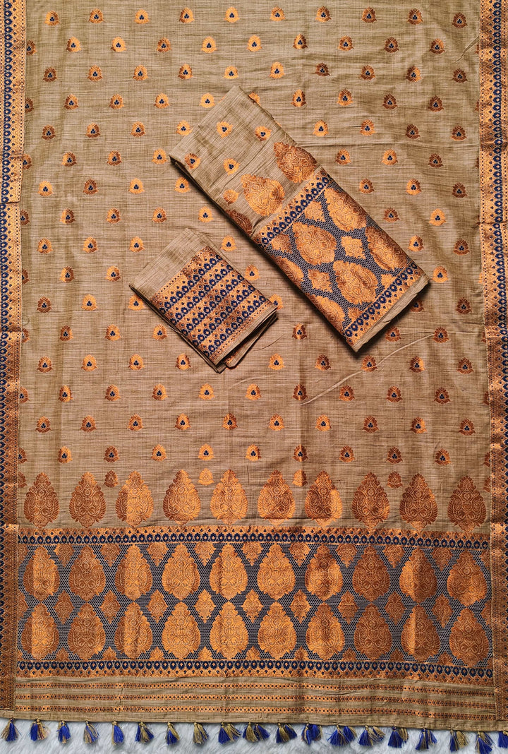 Ready-To-Wear Copper Guna Dhaga Work Baswada Cotton* Mekhela Sador