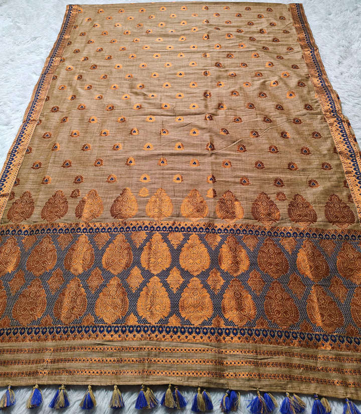 Ready-To-Wear Copper Guna Dhaga Work Baswada Cotton* Mekhela Sador