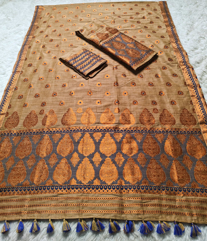 Ready-To-Wear Copper Guna Dhaga Work Baswada Cotton* Mekhela Sador