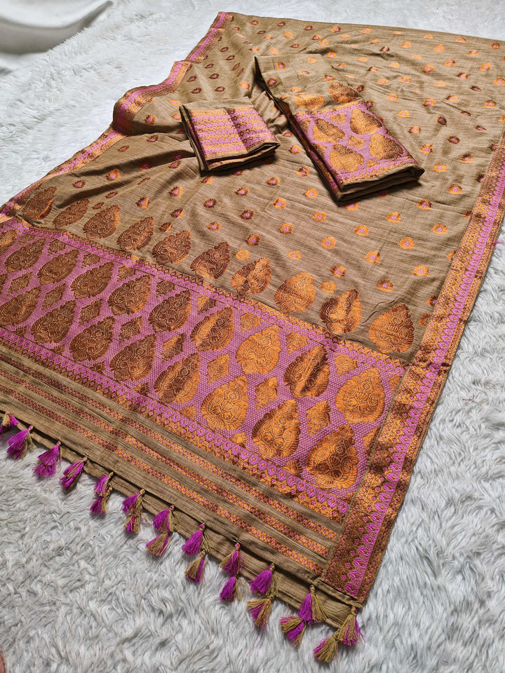 Ready-To-Wear Copper Guna Dhaga Work Baswada Cotton* Mekhela Sador