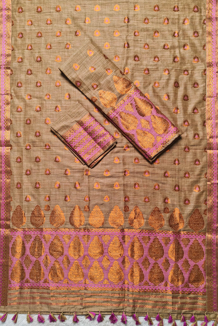 Ready-To-Wear Copper Guna Dhaga Work Baswada Cotton* Mekhela Sador