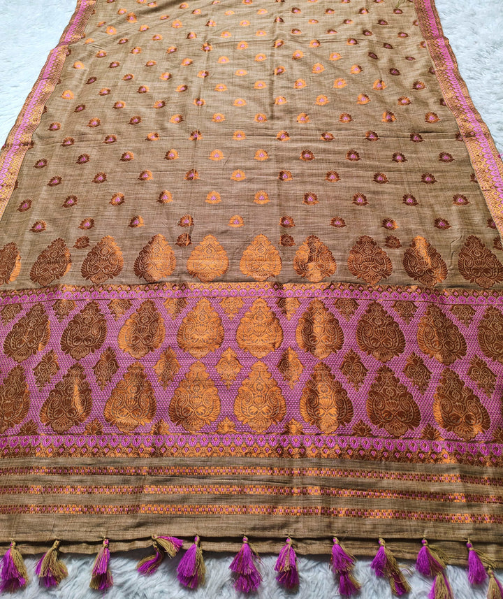 Ready-To-Wear Copper Guna Dhaga Work Baswada Cotton* Mekhela Sador