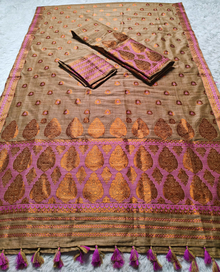 Ready-To-Wear Copper Guna Dhaga Work Baswada Cotton* Mekhela Sador