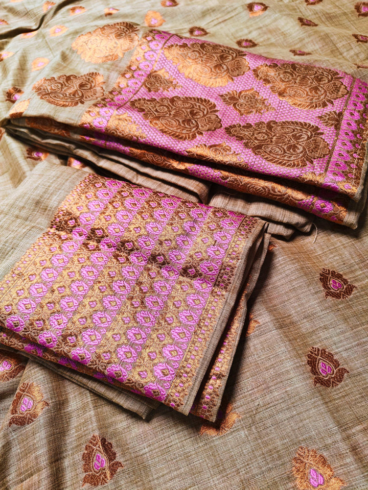 Ready-To-Wear Copper Guna Dhaga Work Baswada Cotton* Mekhela Sador