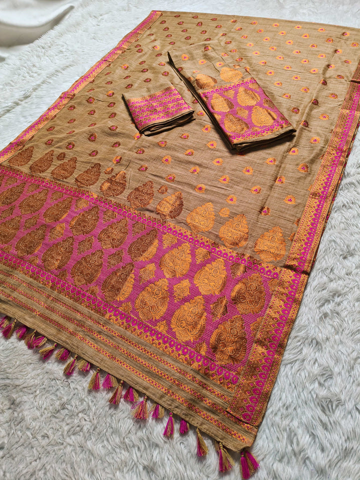 Ready-To-Wear Copper Guna Dhaga Work Baswada Cotton* Mekhela Sador