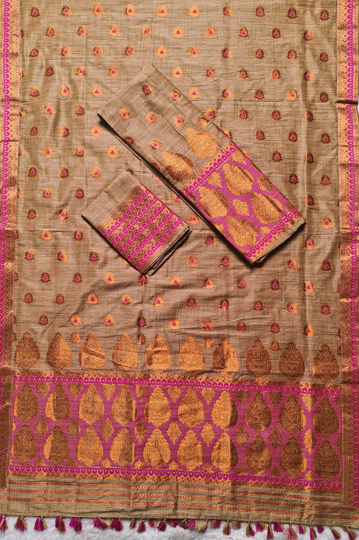 Ready-To-Wear Copper Guna Dhaga Work Baswada Cotton* Mekhela Sador