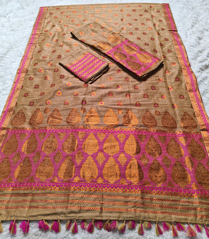 Ready-To-Wear Copper Guna Dhaga Work Baswada Cotton* Mekhela Sador