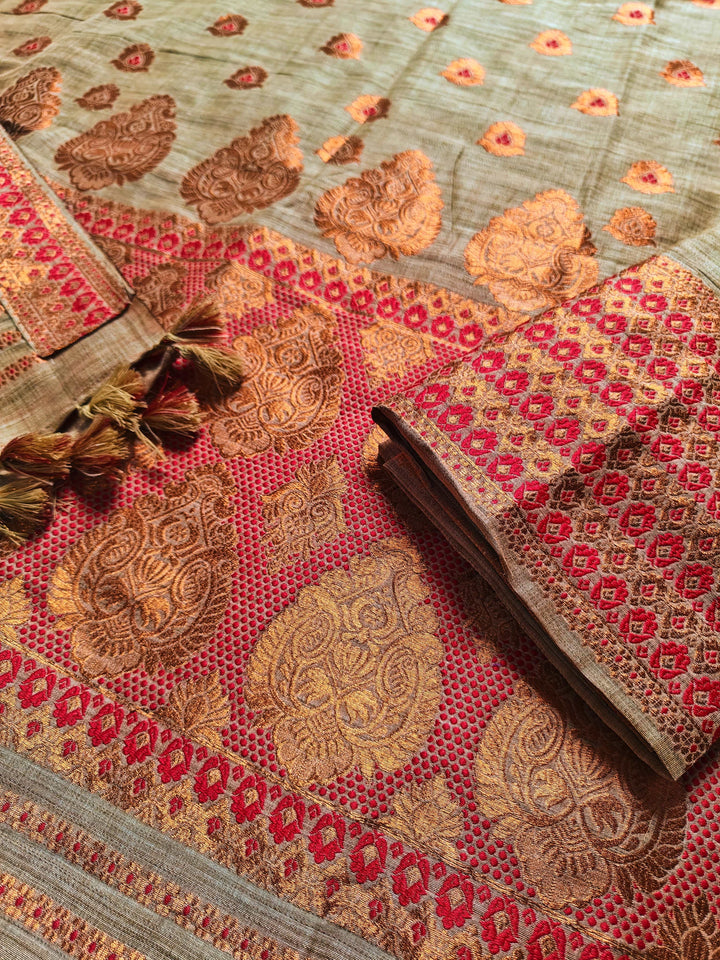 Ready-To-Wear Copper Guna Dhaga Work Baswada Cotton* Mekhela Sador