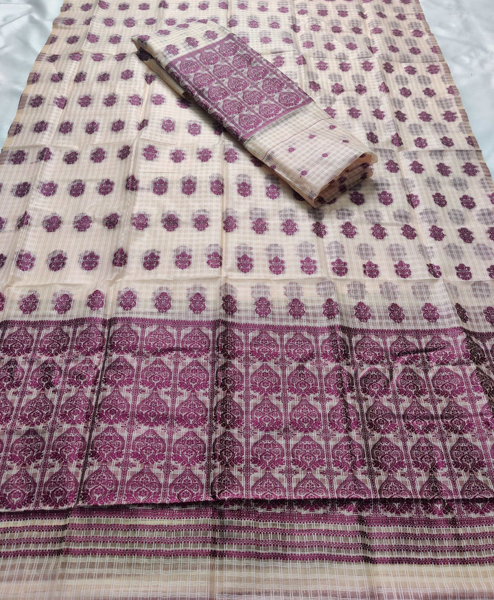 Weaving Dhaga Work Gadi Diya Checks Mekhela Sador