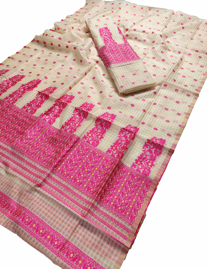 Weaving Dhaga Work Gadi Diya Checks Mekhela Sador
