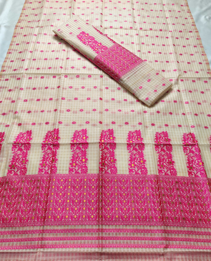 Weaving Dhaga Work Gadi Diya Checks Mekhela Sador
