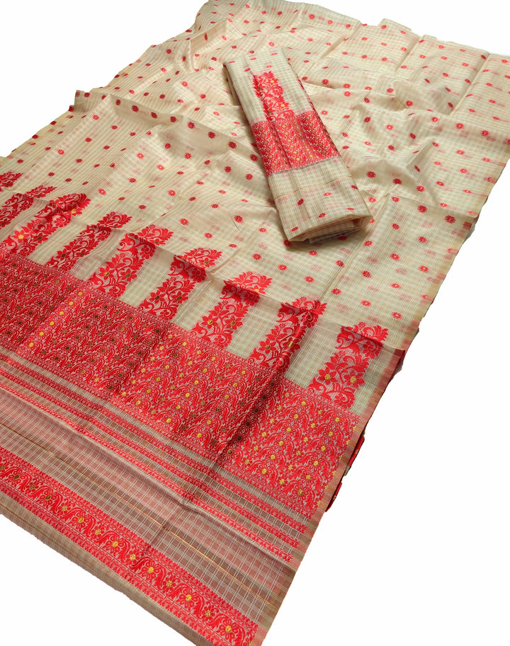 Weaving Dhaga Work Gadi Diya Checks Mekhela Sador