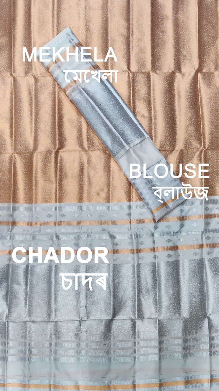 Silver Copper Guna Bedsheet Poly Set Mekhela Sador