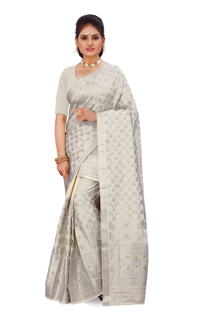 Silver Jari Bedsheet Mix Set Mekhela Sador