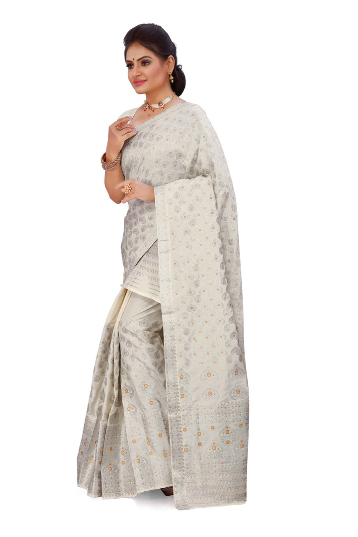 Silver Jari Bedsheet Mix Set Mekhela Sador