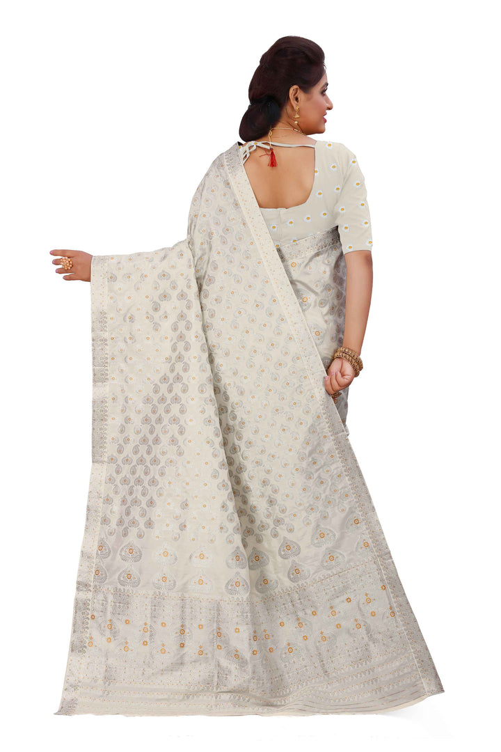 Silver Jari Bedsheet Mix Set Mekhela Sador