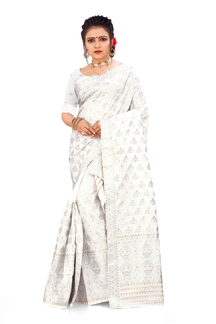 Silver Jari Bedsheet Mix Set Mekhela Sador